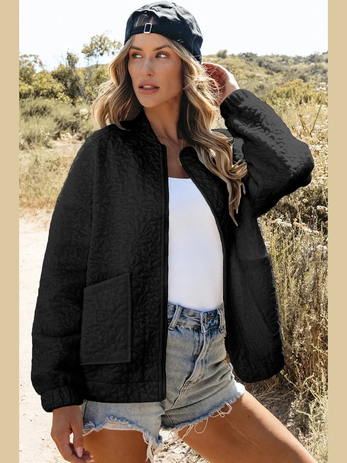 Baseball Collar Floral Quilted Jacket