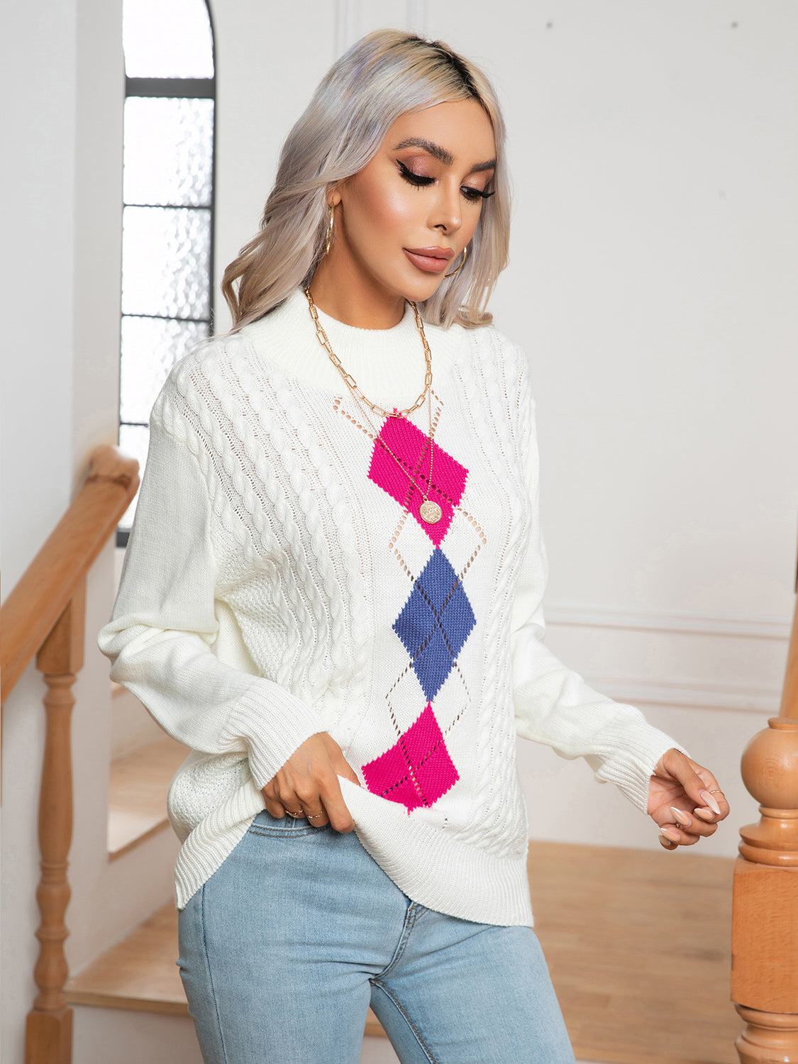 Openwork Geometric Mock Neck Sweater nicholesgifts