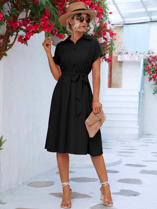 Women Buttoned Tie Waist Short Sleeve Dress - Nicholesgifts.online