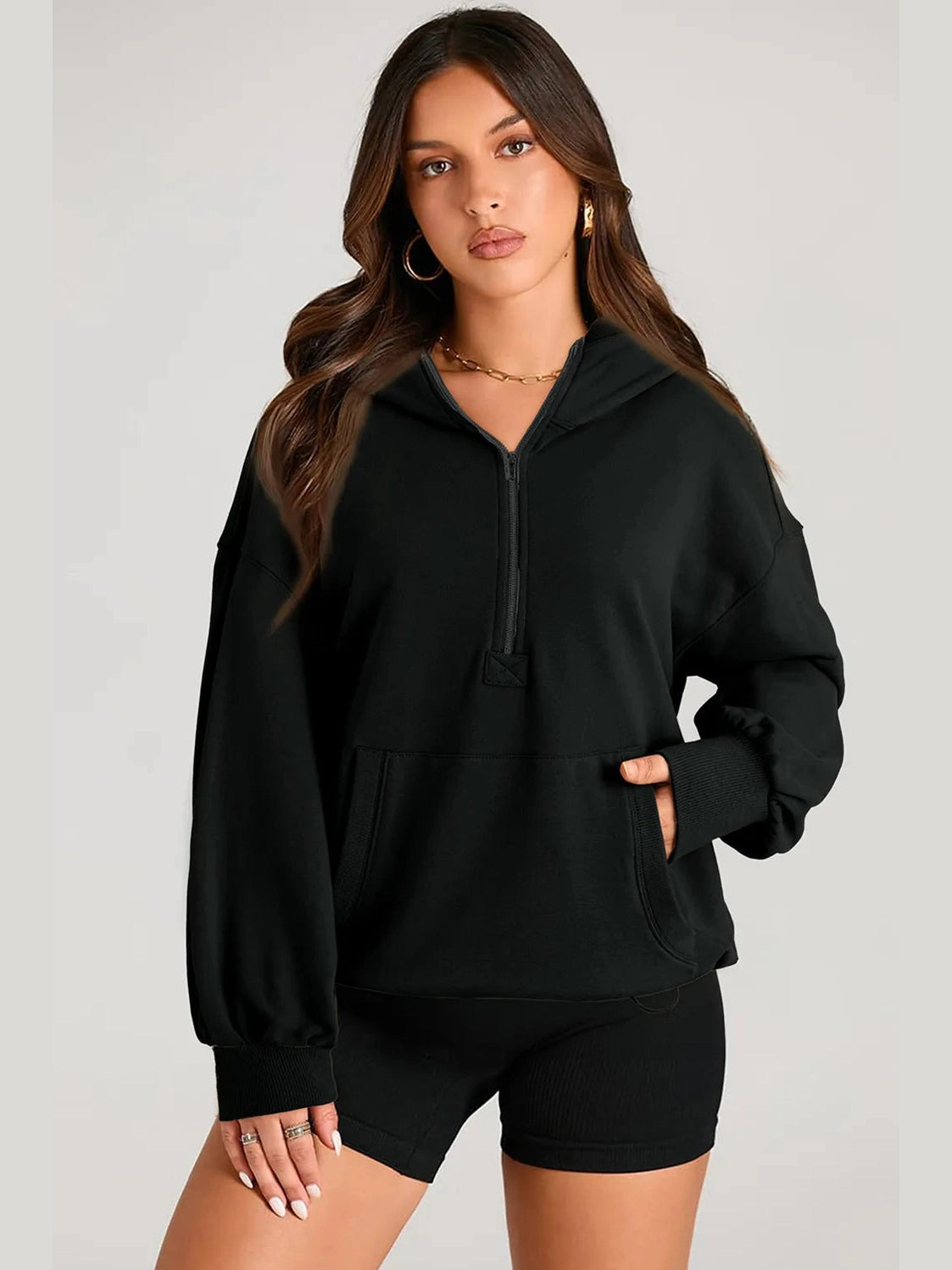 Pocketed Half Zip Long Sleeve Hoodie Trendsi