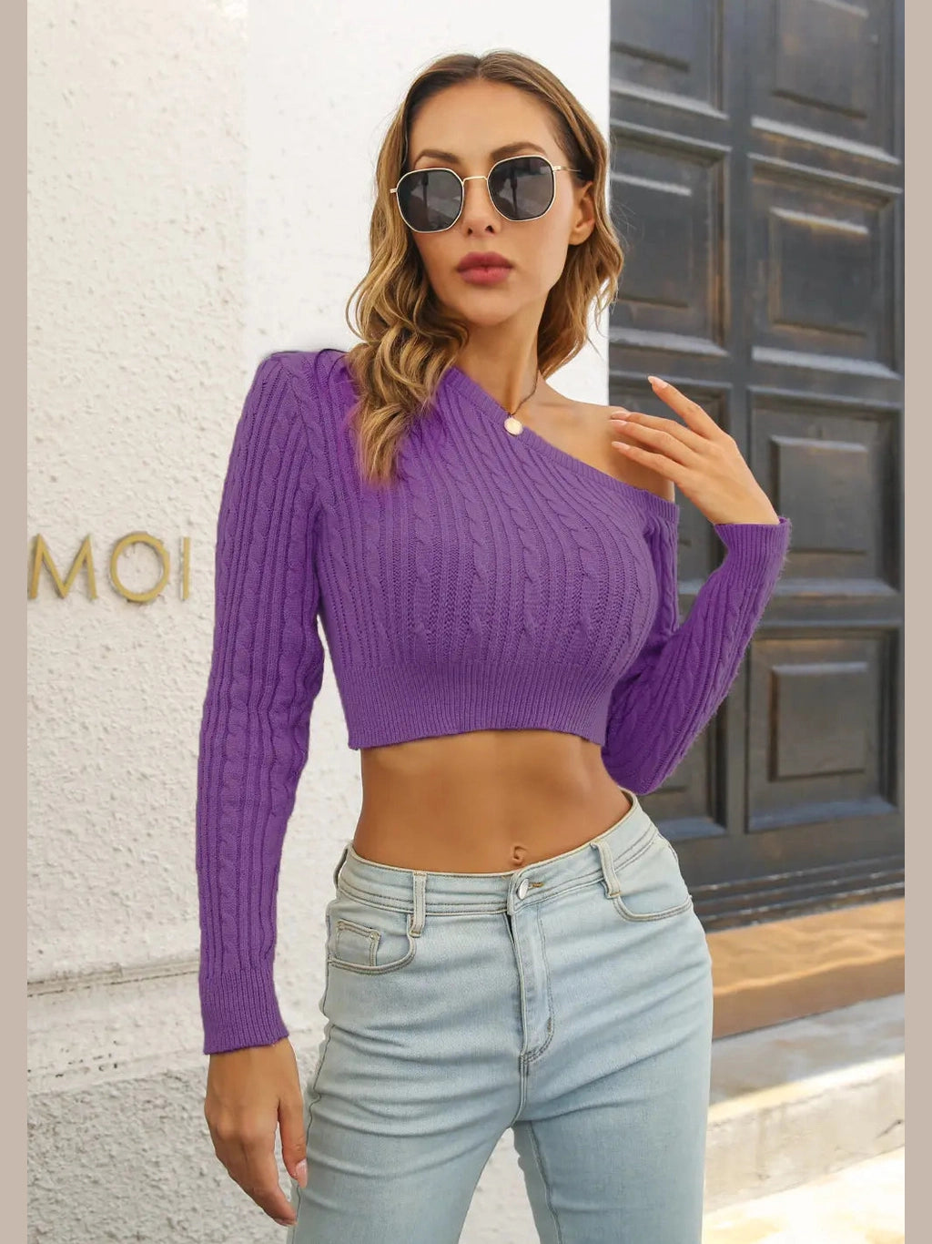 Cable-Knit One Shoulder Long Sleeve Sweater Trendsi
