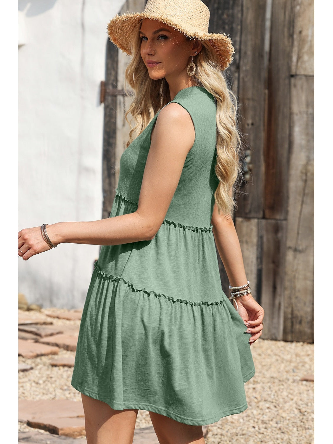 Women Frill Notched Sleeveless Mini Dress nicholesgifts