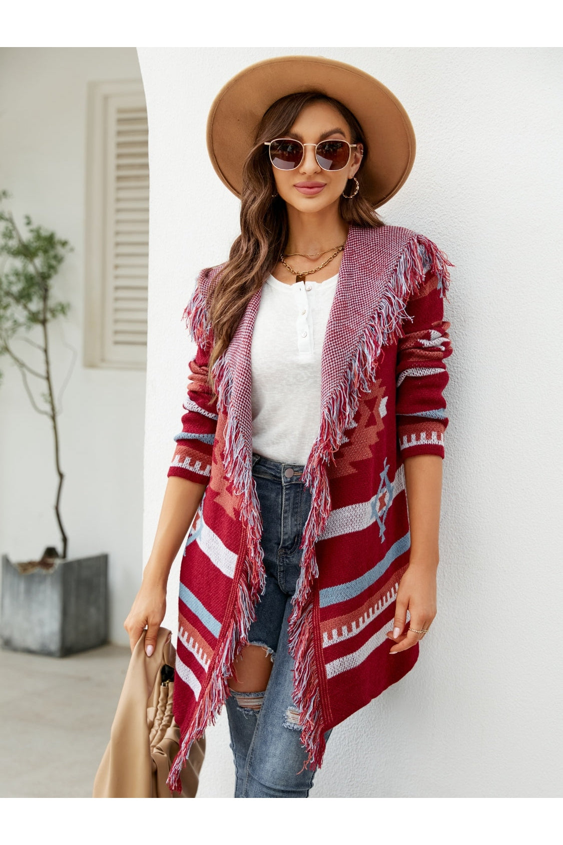 Fringe Geometric Hooded Long Sleeve Cardigan nicholesgifts