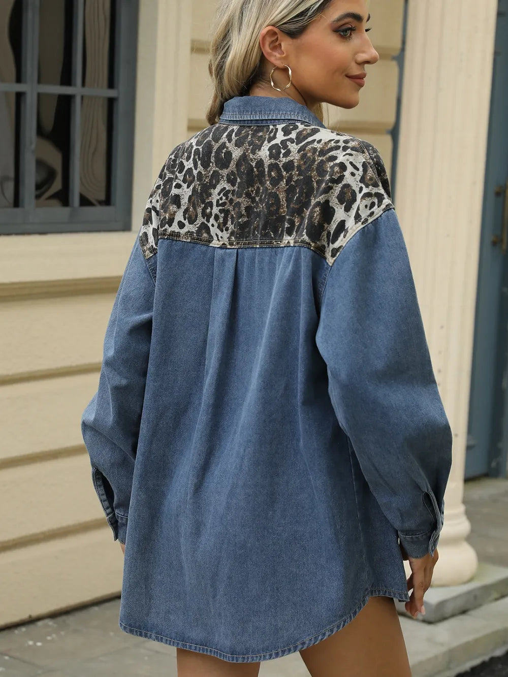 Leopard Button Up Long Sleeve Denim Jacket nicholesgifts