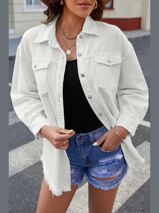Button Up Pocketed Raw Hem Denim Jacket nicholesgifts