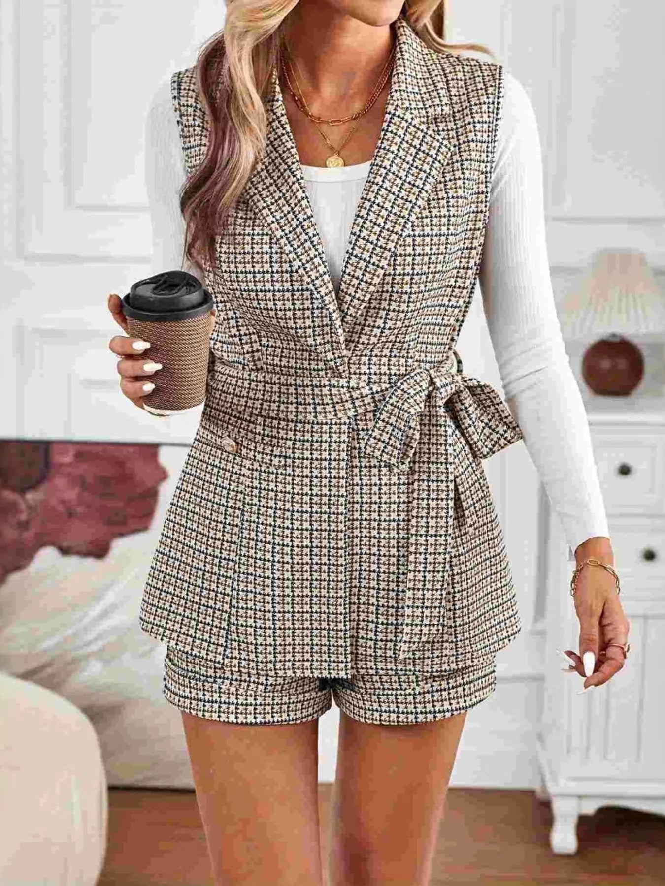 Houndstooth Lapel Collar Vest Coat and Shorts Set Trendsi