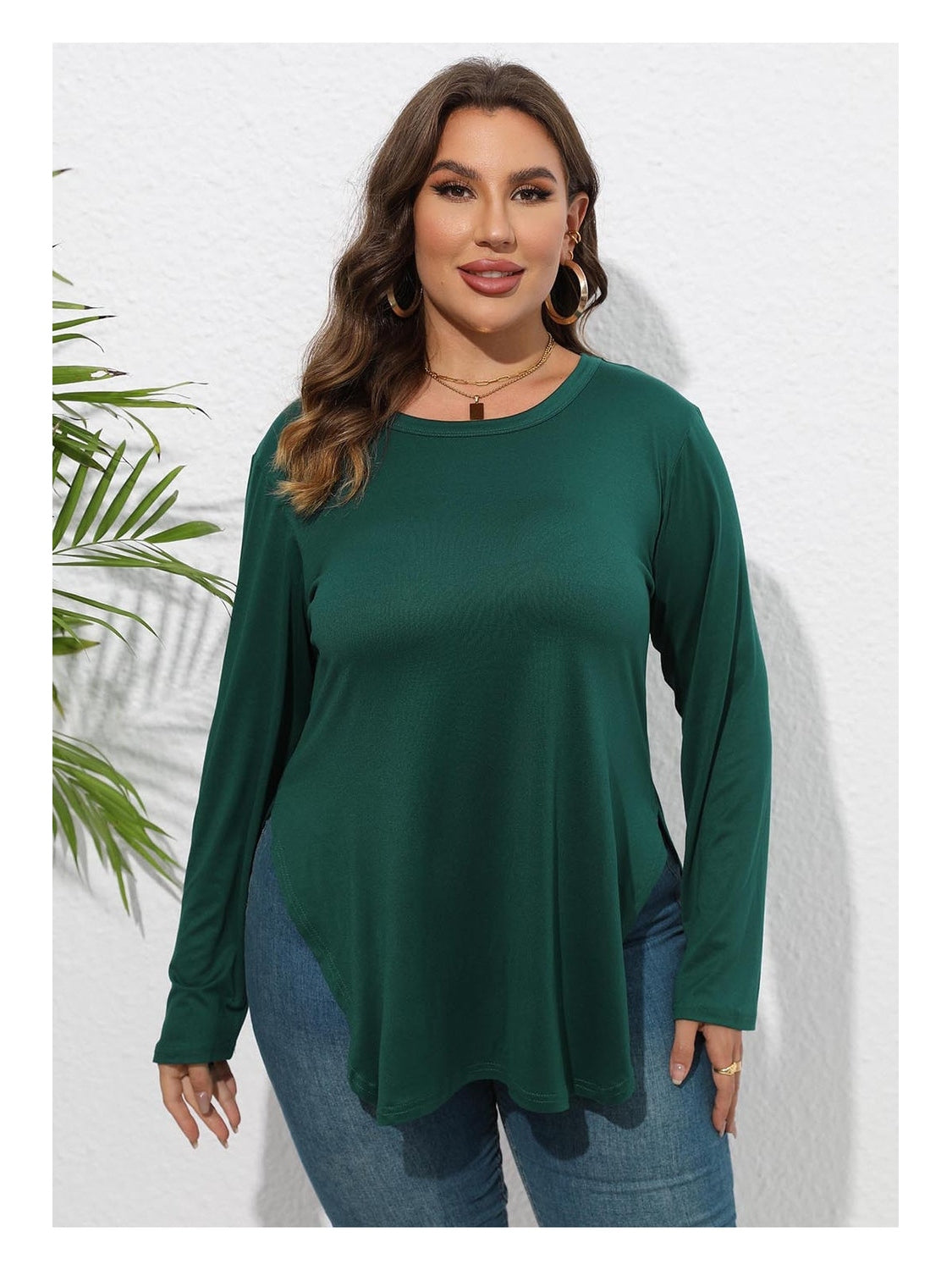 Women Plus Size Round Neck Long Sleeve Slit T-Shirt nicholesgifts