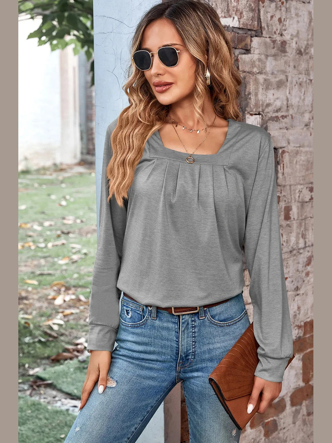 Ruched Square Neck Long Sleeve T-Shirt NicholesGifts