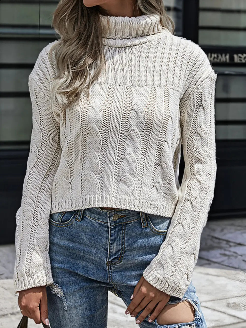 Cable-Knit Turtleneck Sweater Trendsi