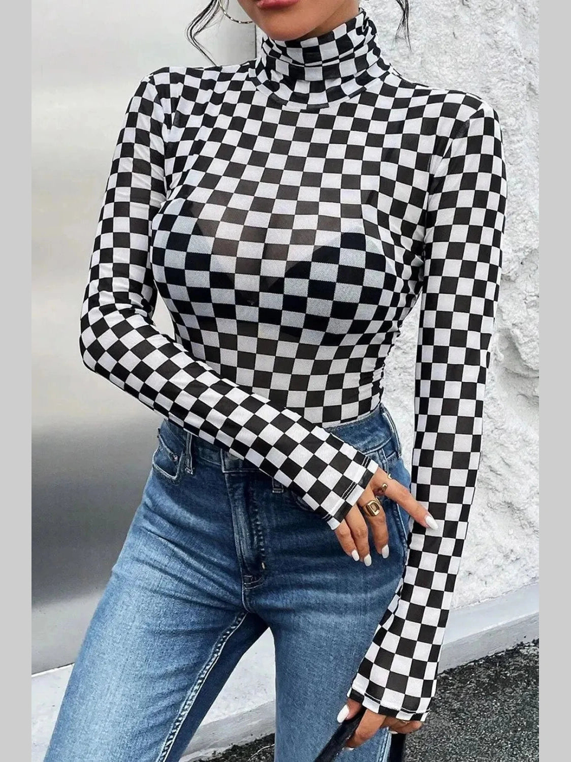 Checkered Turtleneck Long Sleeve Bodysuit nicholesgifts