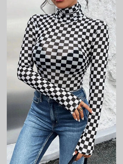 Checkered Turtleneck Long Sleeve Bodysuit nicholesgifts