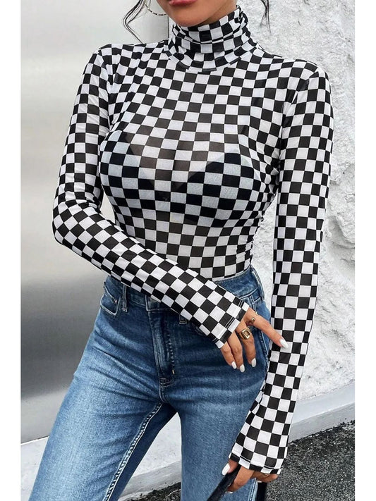 Women Checkered Turtleneck Long Sleeve Bodysuit