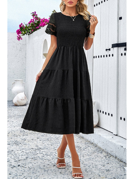 Smocked Round Neck Short Sleeve Midi Dress