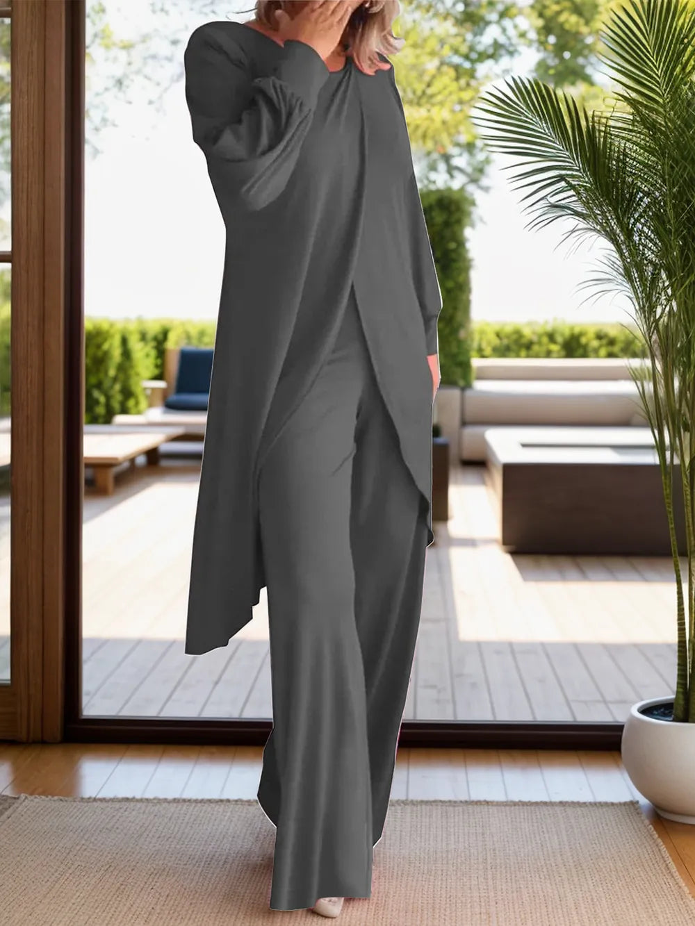 Full Size Slit Round Neck Long Sleeve Top and Pants Set Trendsi