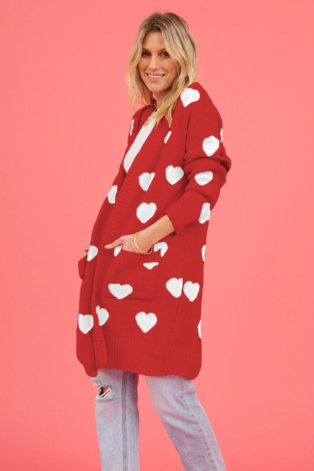 Heart Graphic Open Front Cardigan with Pockets nicholesgifts