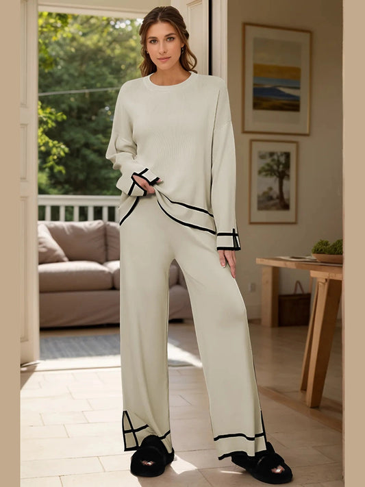High-Low Round Neck Top and Pants Sweater Set nicholesgifts