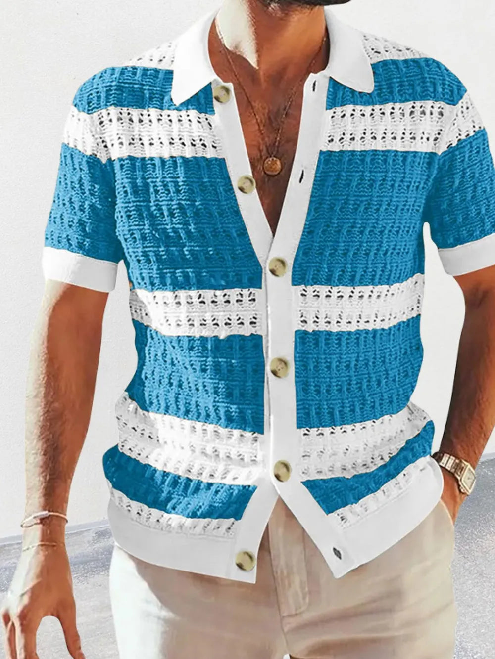Men's Button Down Collared Neck Contrast Openwork Shirt NicholesGifts