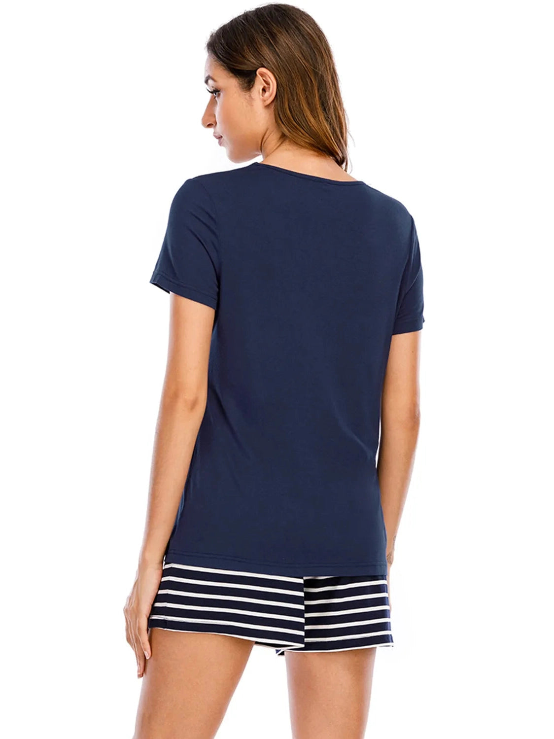 Graphic Round Neck Top and Striped Shorts Lounge Set nicholesgifts