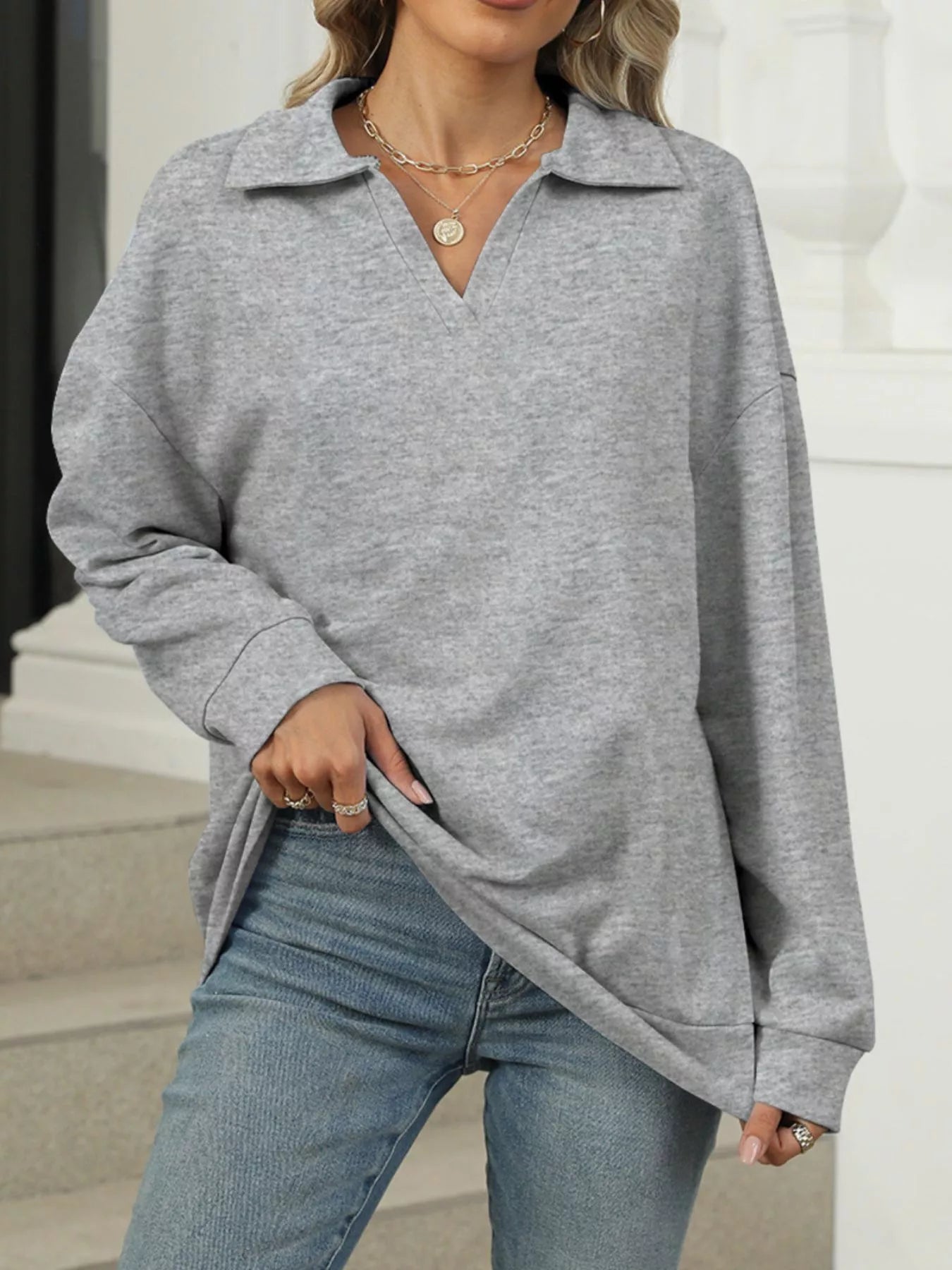 Johnny Collar Long Sleeve Sweatshirt Trendsi