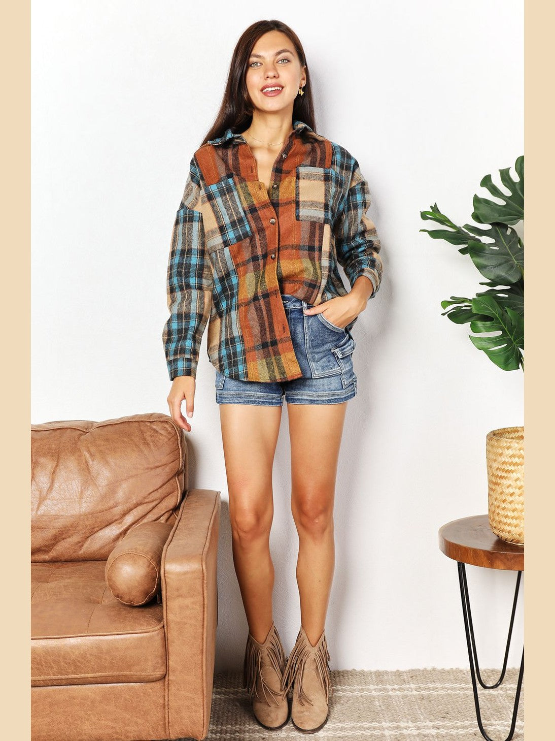 Double Take Plaid Curved Hem Shirt Jacket with Breast Pockets nicholesgifts