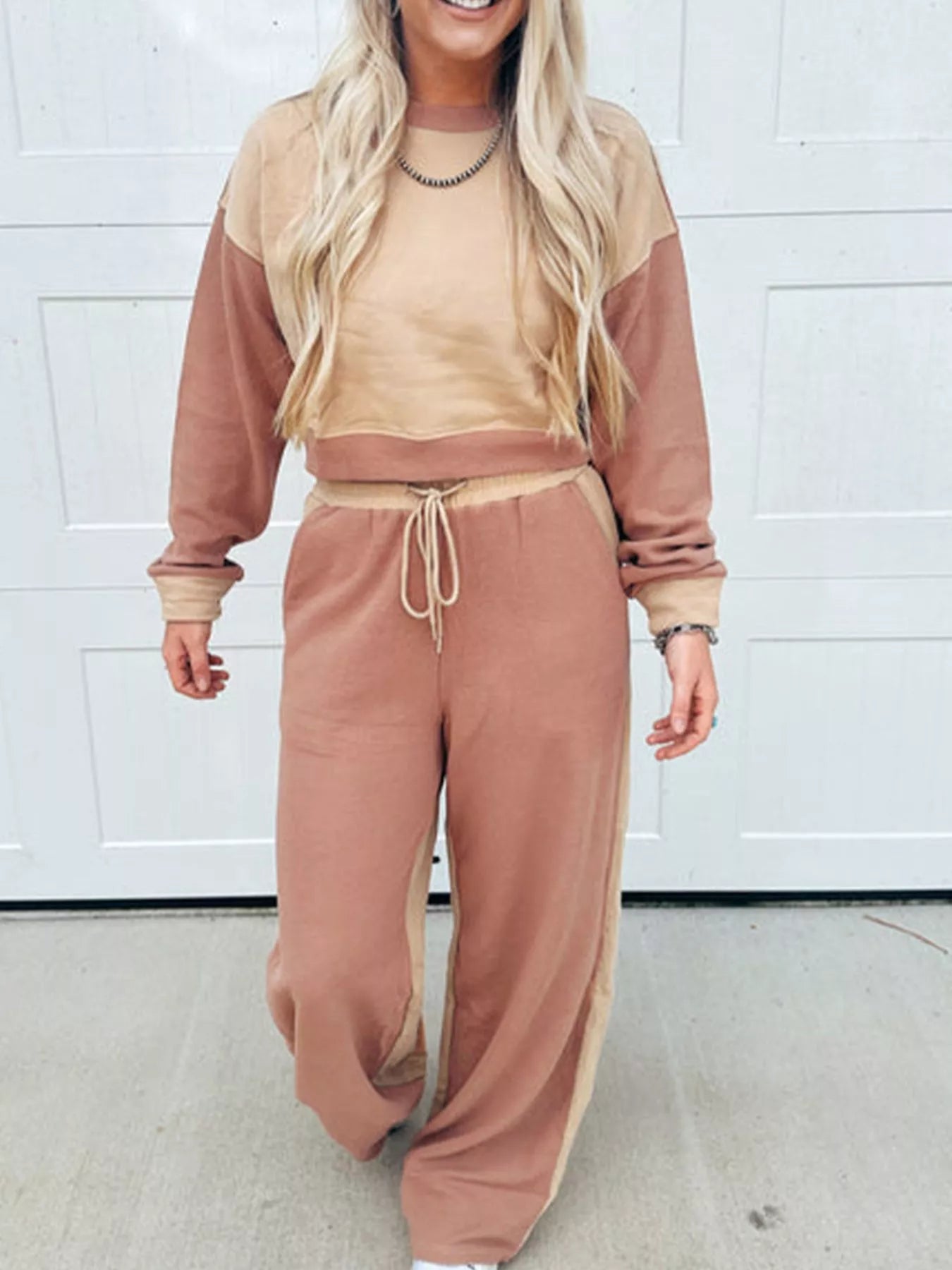 Color Block Long Sleeve Crop Top Drawstring Pant Set nicholesgifts