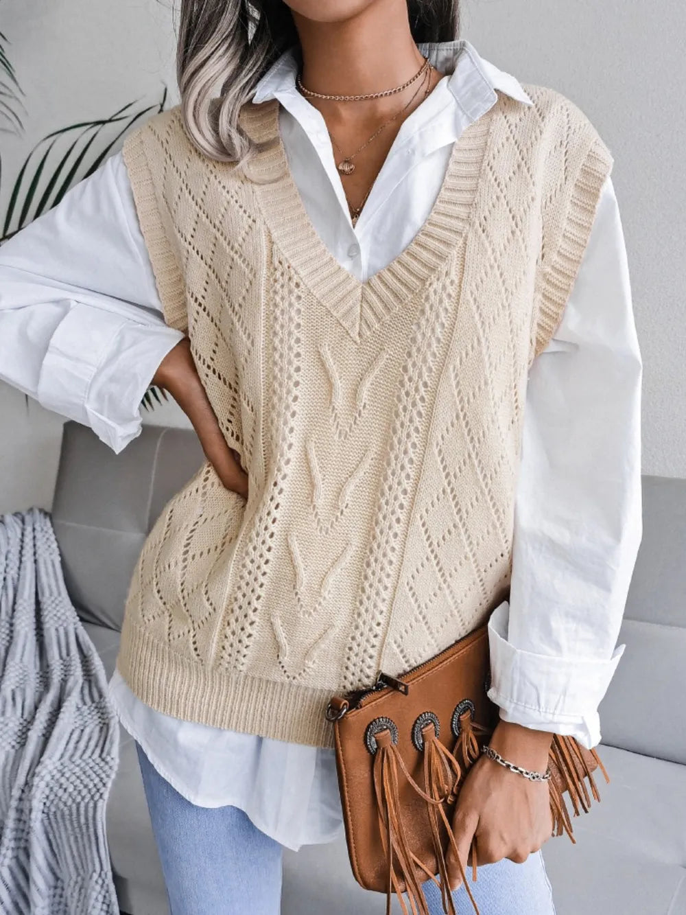 Openwork V-Neck Sweater Vest nicholesgifts