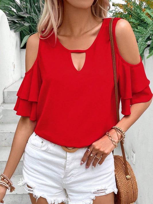 Women Cold Shoulder Flounce Sleeve Blouse NicholesGifts