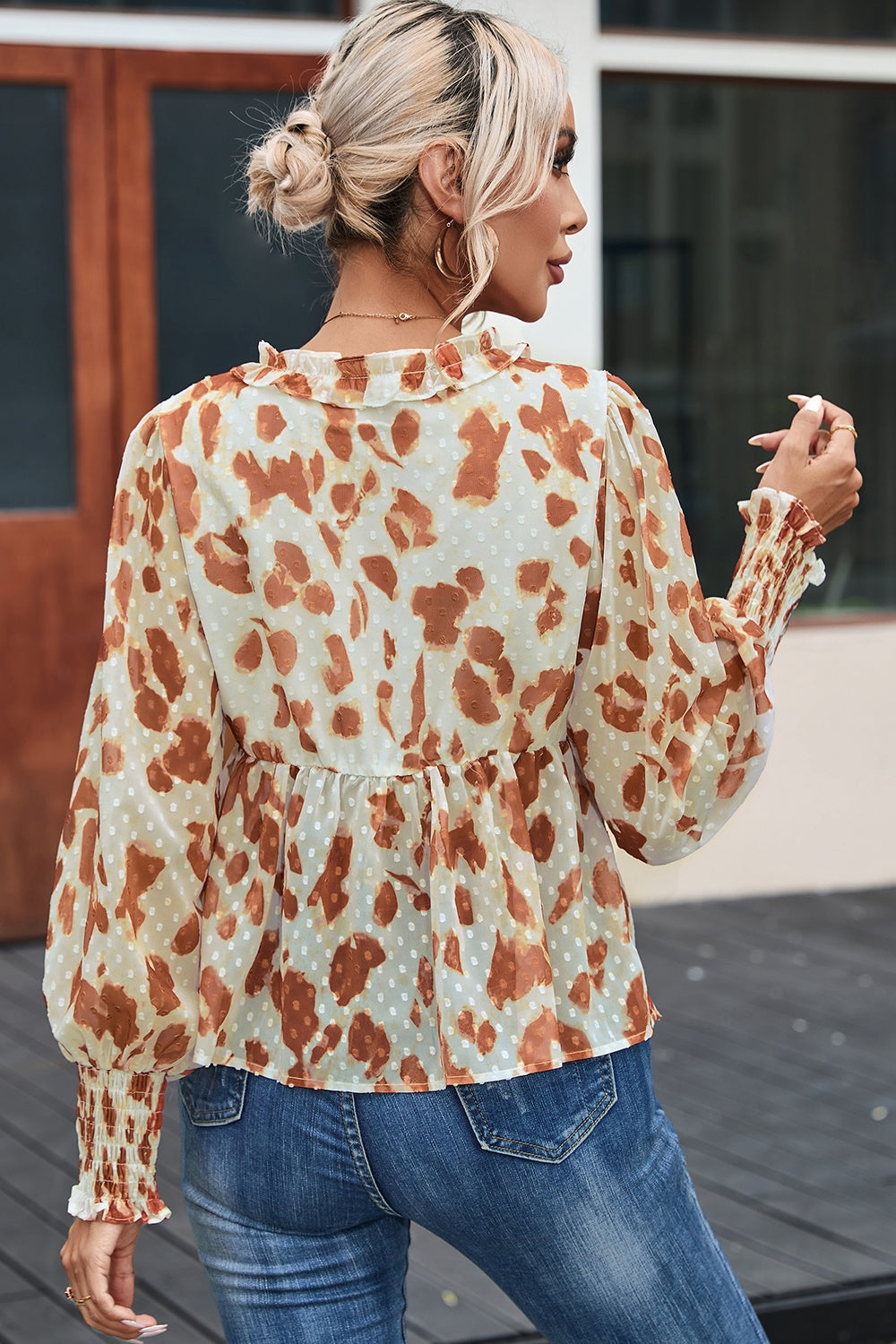 Frill Printed V-Neck Lantern Sleeve Blouse nicholesgifts