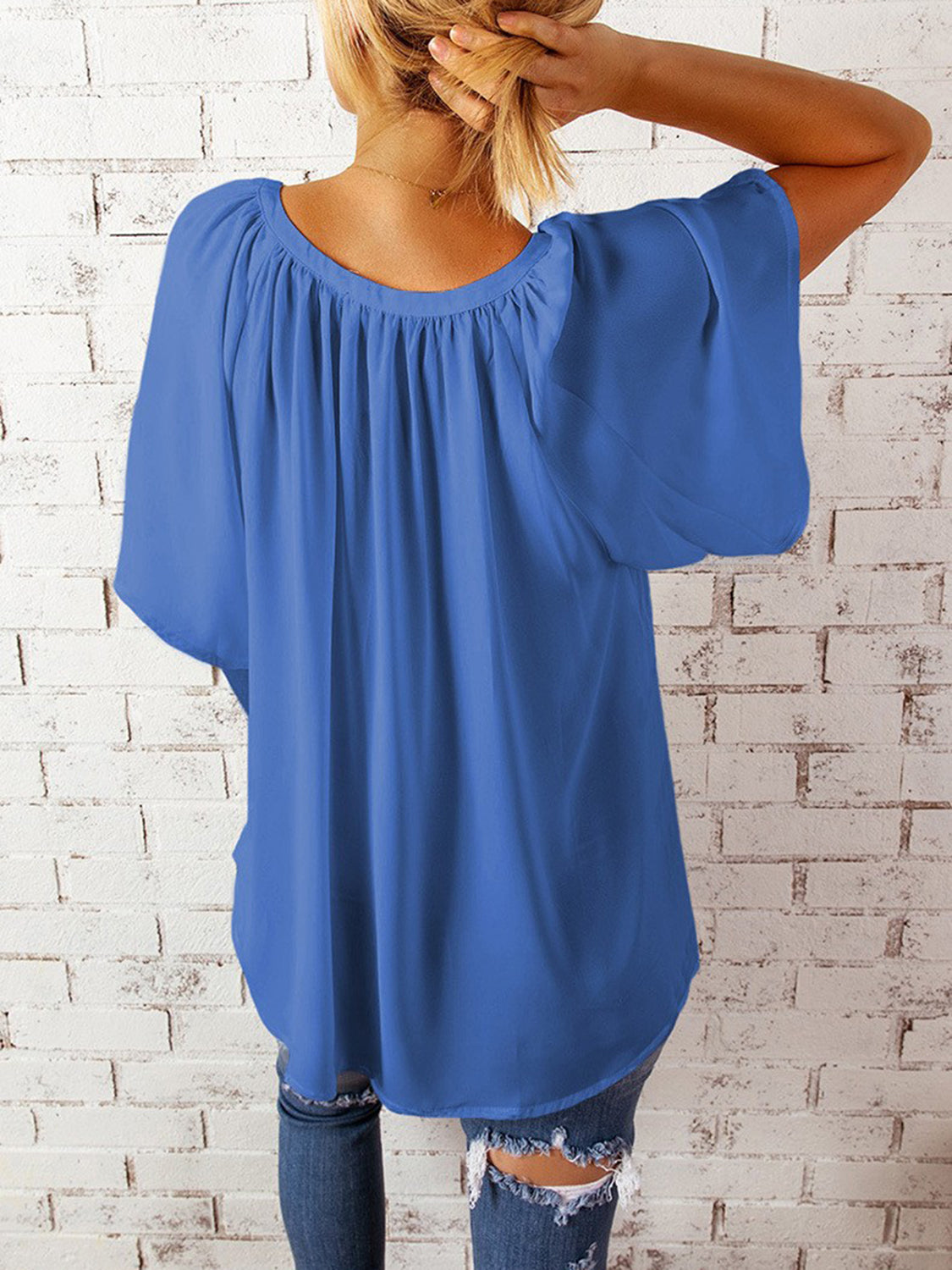 Ruched Notched Half Sleeve Blouse nicholesgifts