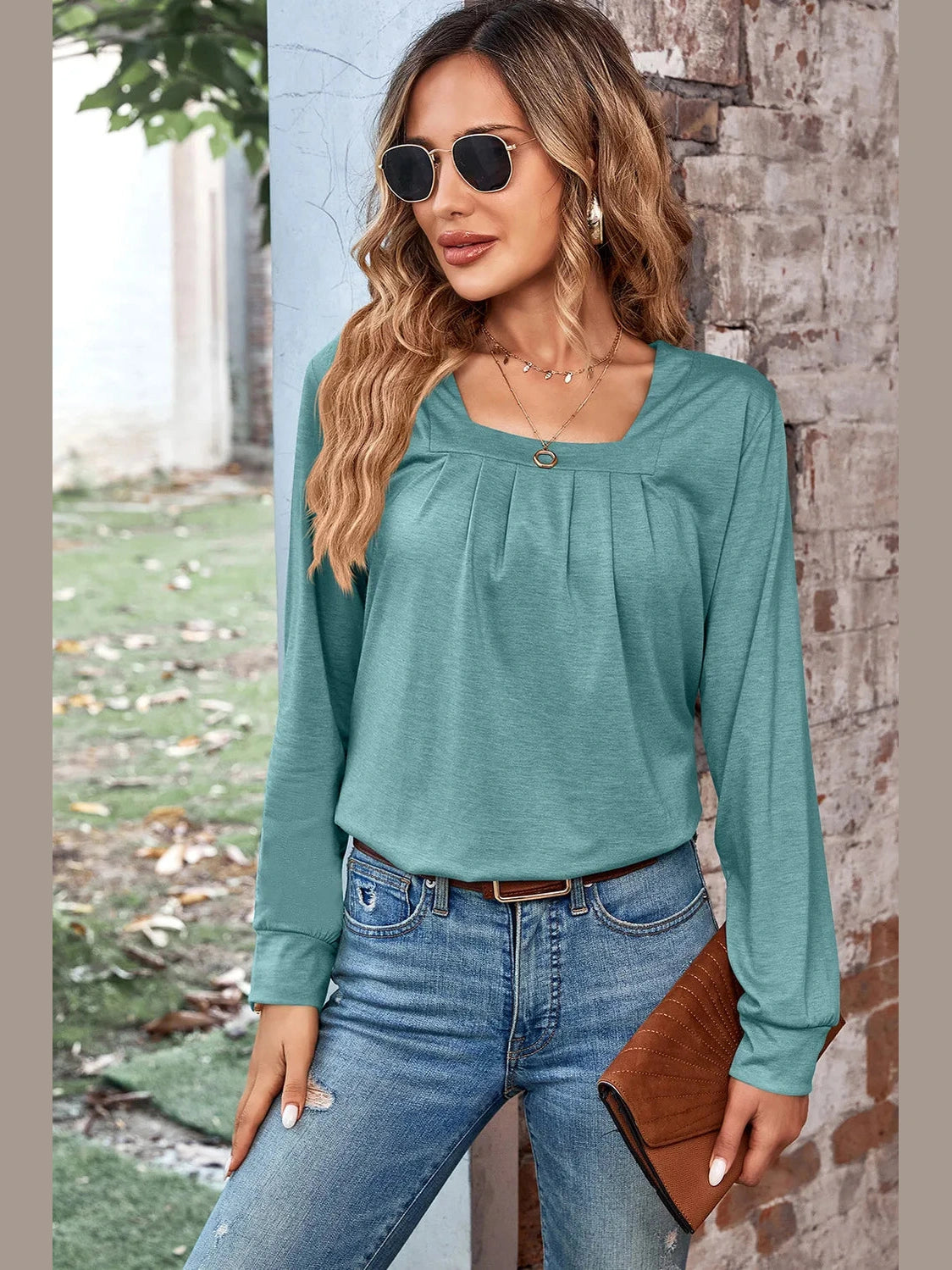 Ruched Square Neck Long Sleeve T-Shirt NicholesGifts