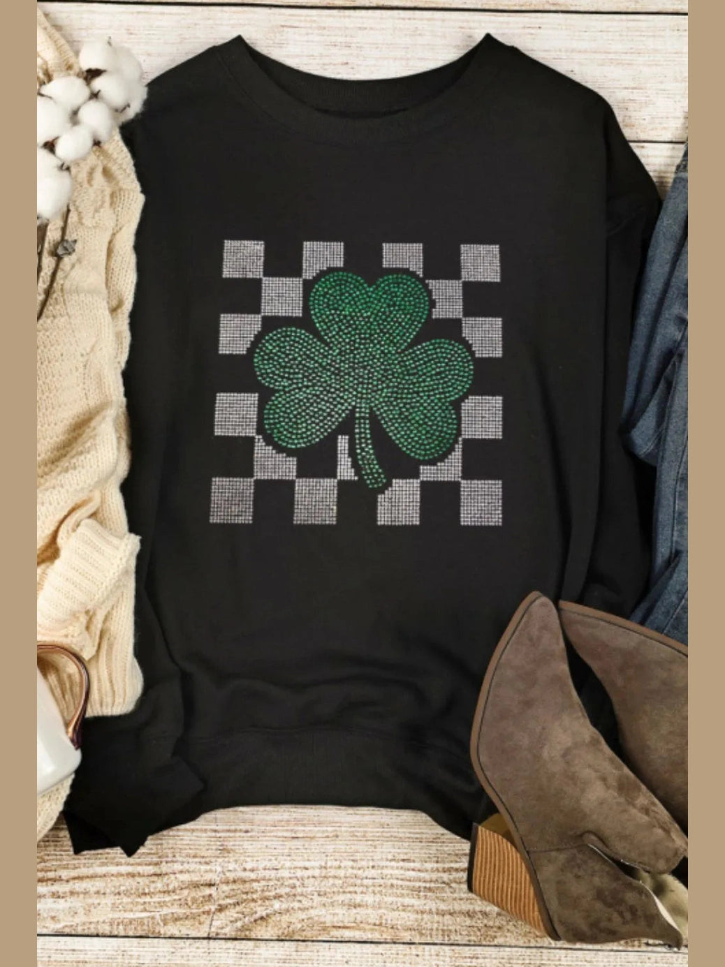 Rhinestone Checkered Lucky Clover Round Neck Sweatshirt nicholesgifts