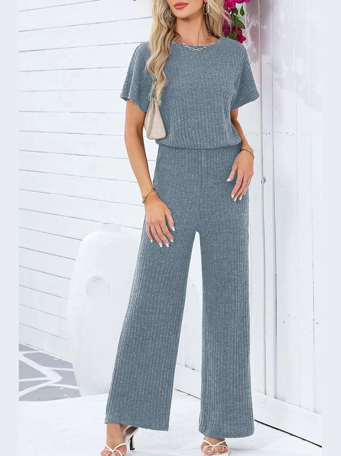 Ribbed Short Sleeve Wide Leg Jumpsuit nicholesgifts