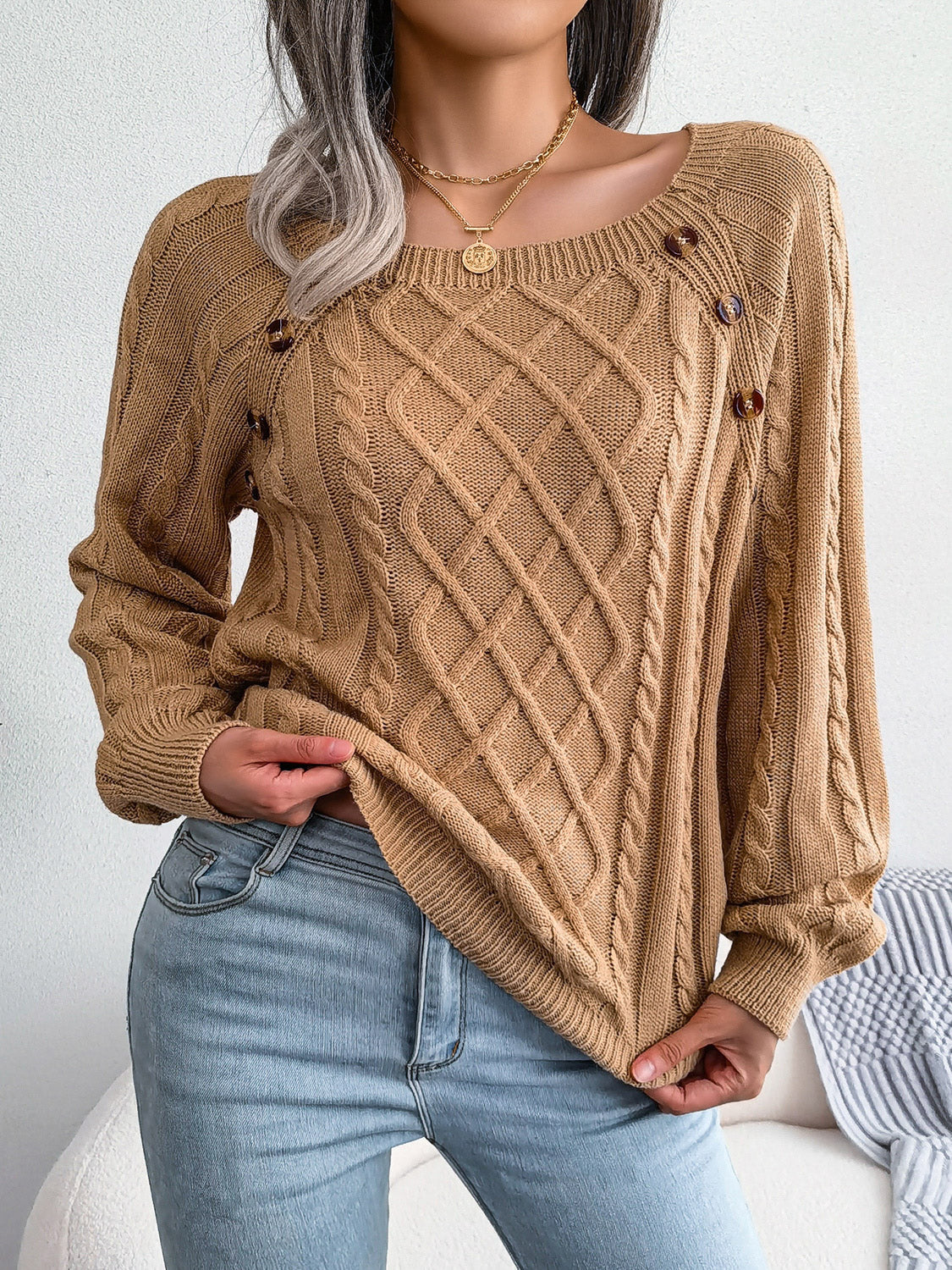 Decorative Button Cable-Knit Sweater Trendsi