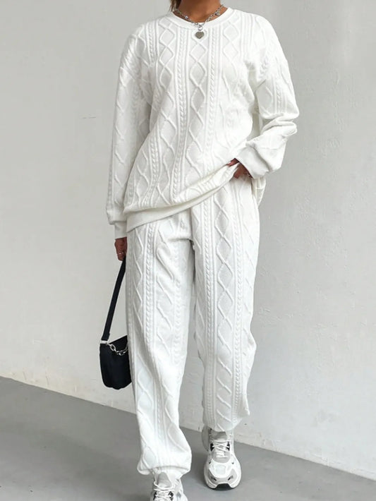 Texture Round Neck Top and Pants Set nicholesgifts