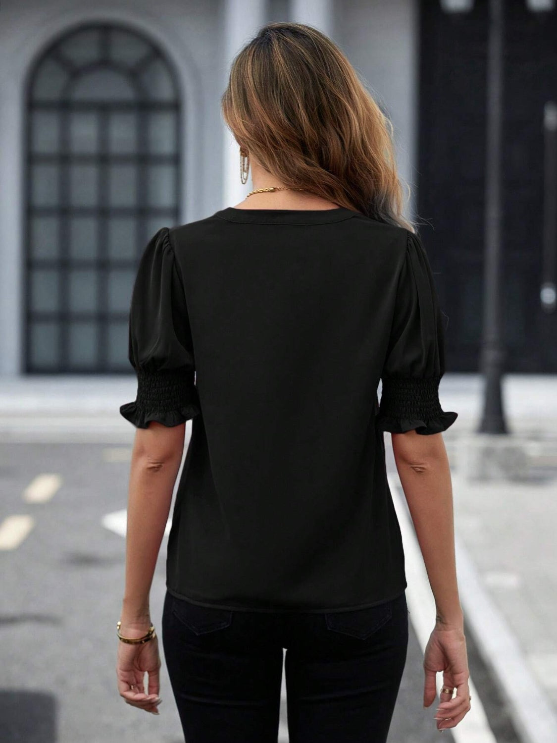 Notched Short Sleeve Blouse nicholesgifts