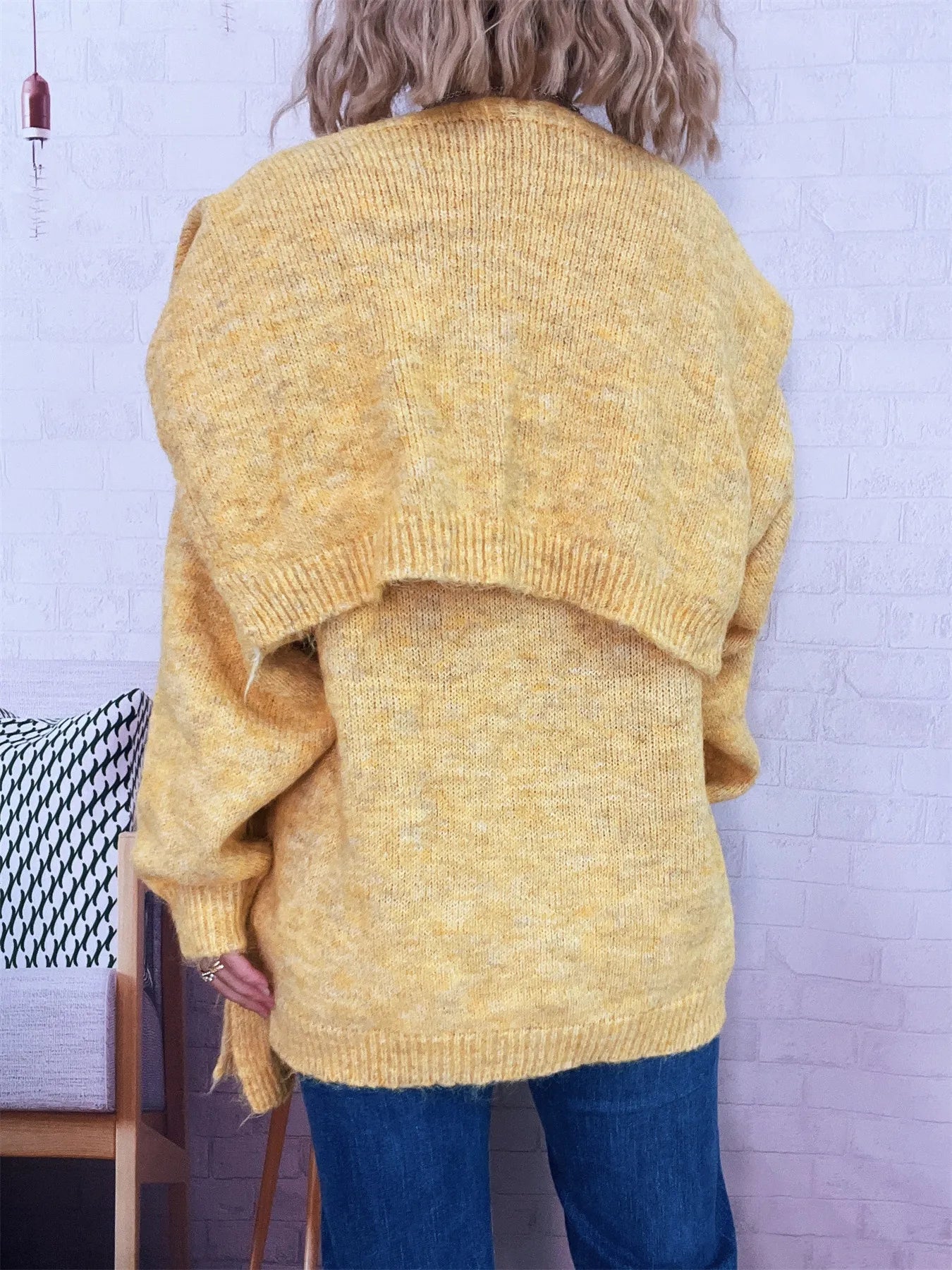 Ribbed Hem V-Neck Sweater with Shawl Trendsi