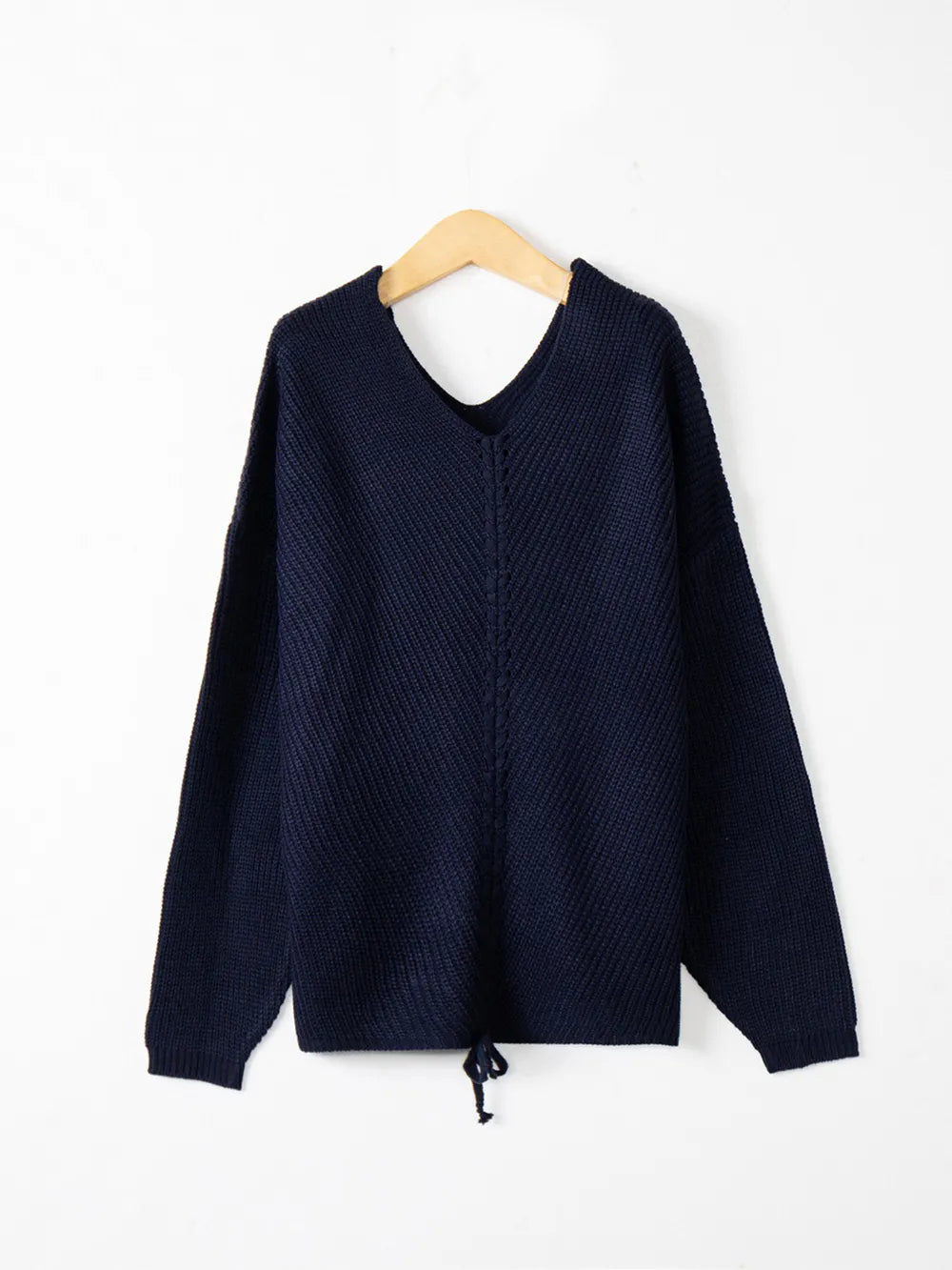 Full Size Lace Up V-Neck Long Sleeve Sweater Trendsi