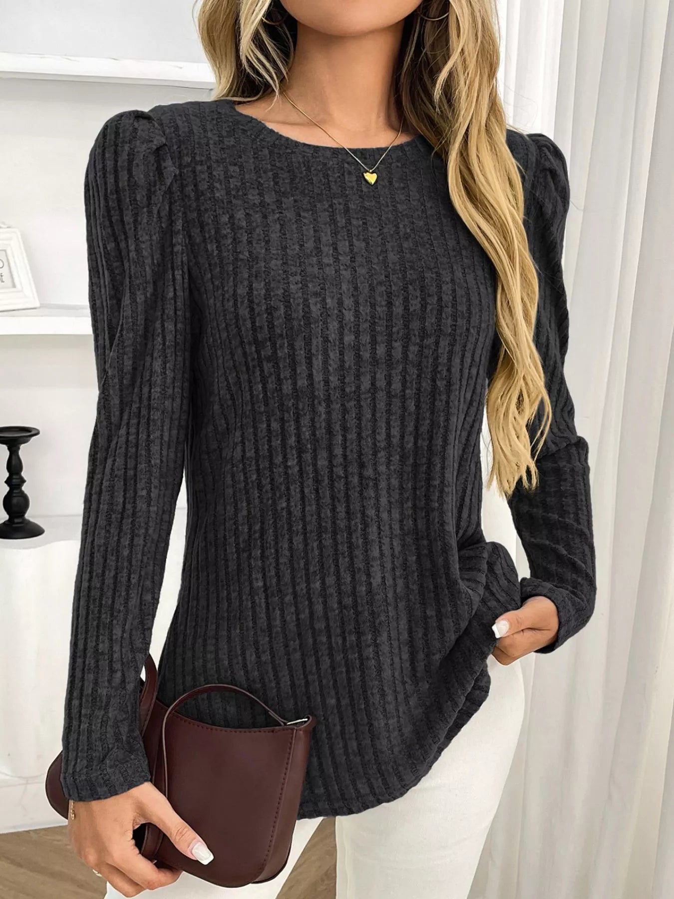 Round Neck Puff Sleeve T-Shirt Trendsi
