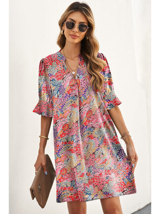 Women Multicolor Floral Notched Neck Flounce Sleeve Shift Dress nicholesgifts