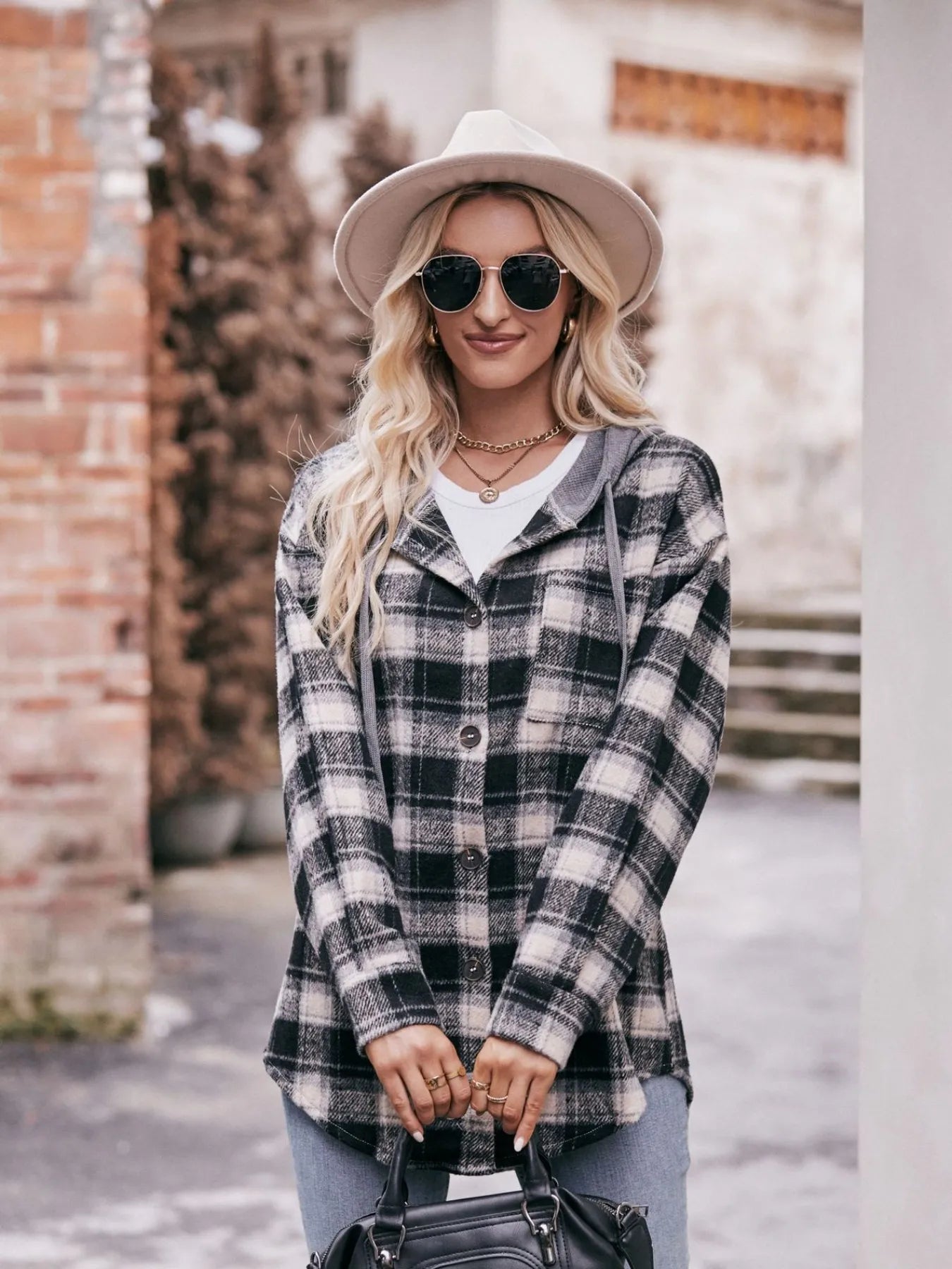 Oversized Plaid Button Up Shacket Trendsi