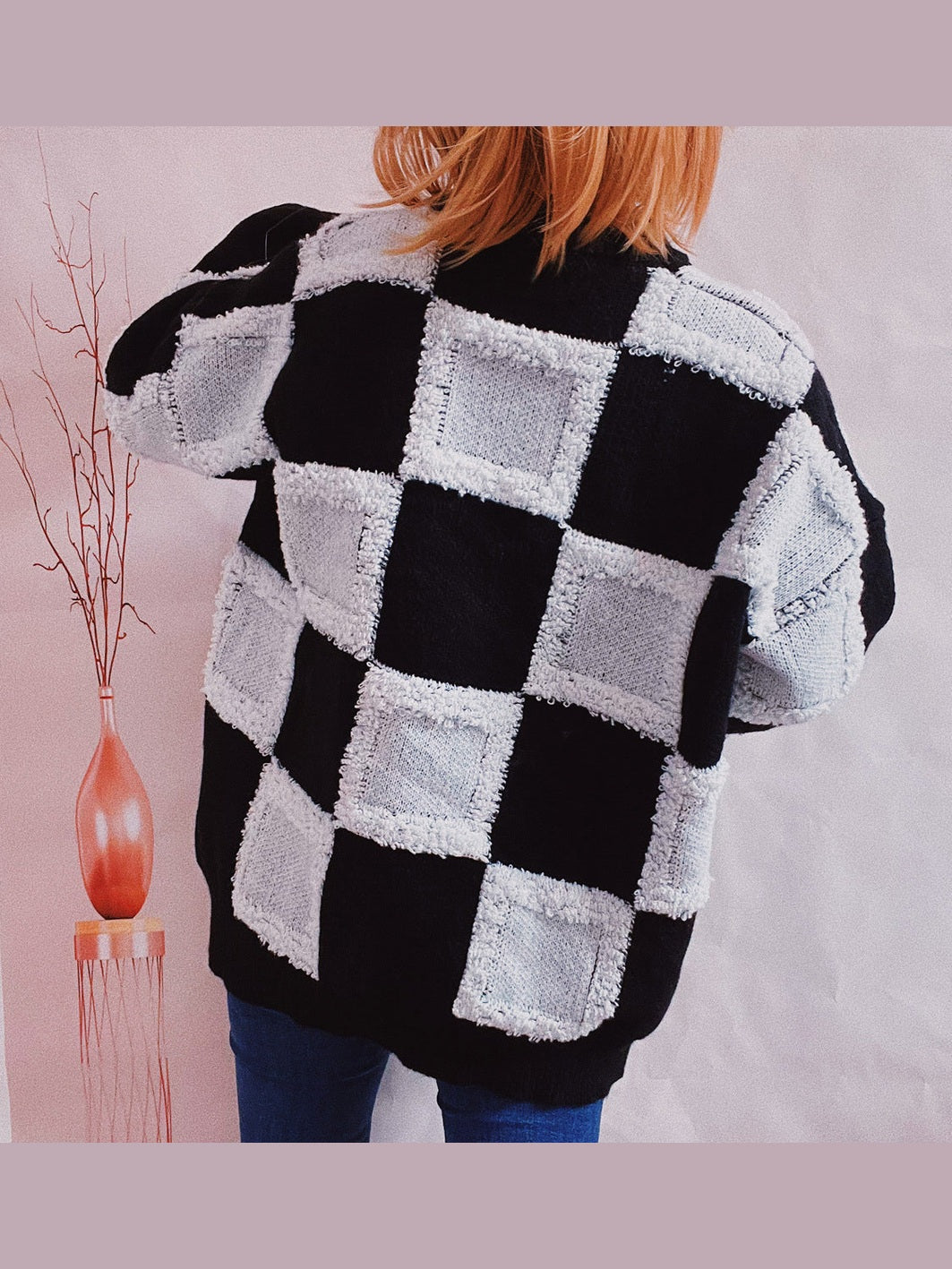 Checkered Round Neck Long Sleeve Sweater Trendsi