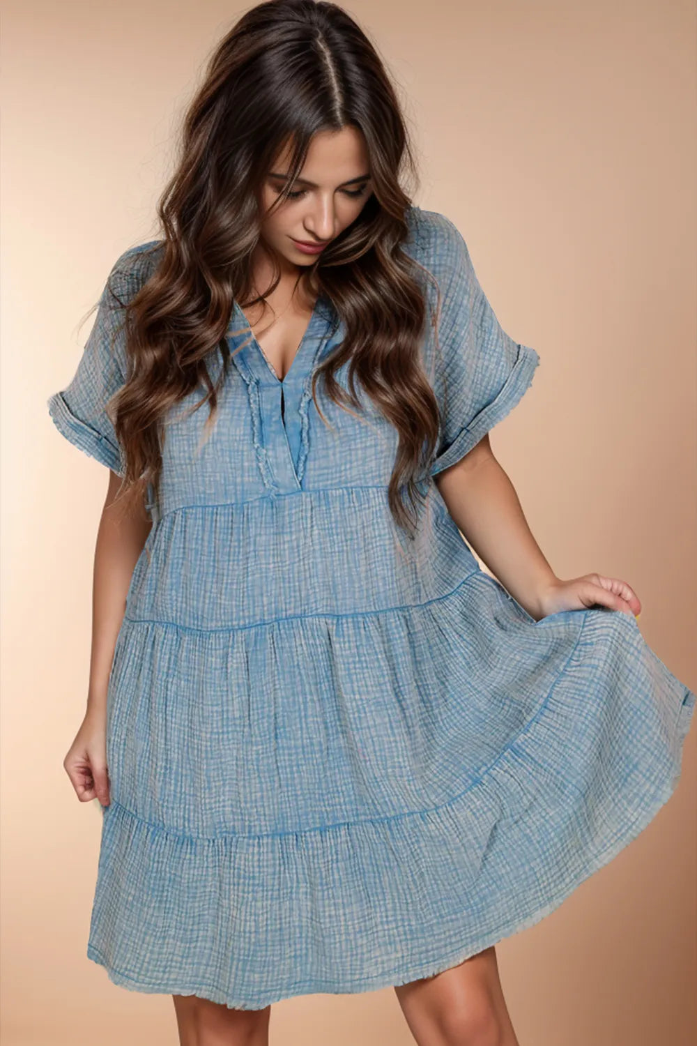 Tiered Notched Short Sleeve Dres Trendsi