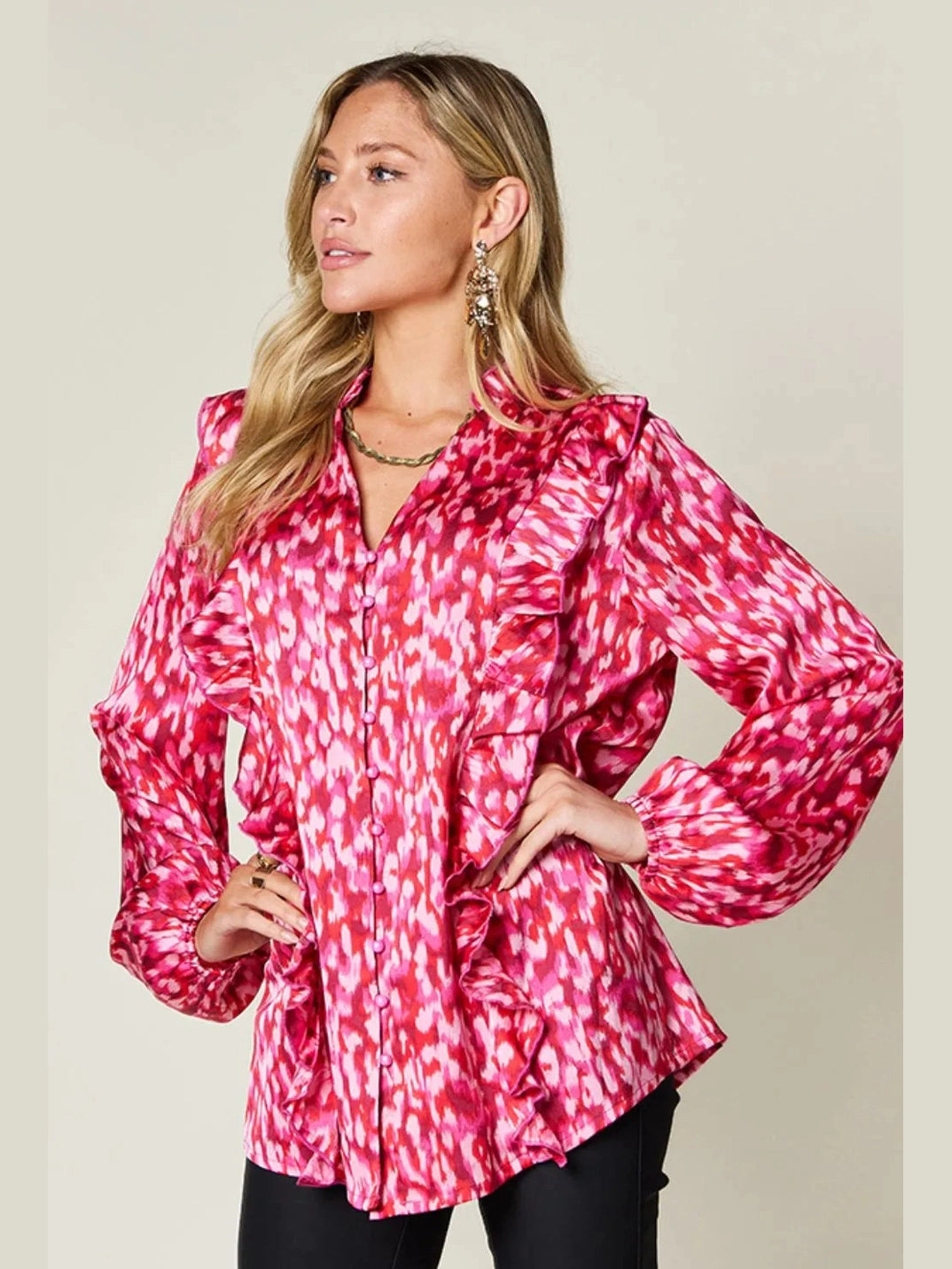 Double Take Full Size Printed Ruffle Trim Balloon Sleeve Shirt nicholesgifts