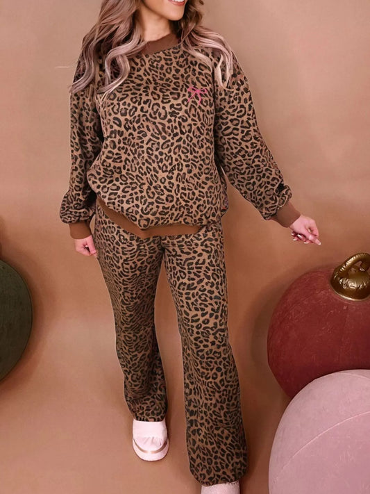 Leopard Print Contrast Trim Long Sleeve Top and Pants Set nicholesgifts
