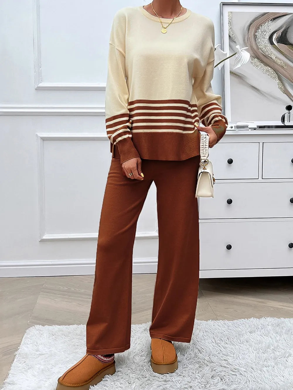 Devine Slit Striped Round Neck Top and Pants Sweater Set nicholesgifts