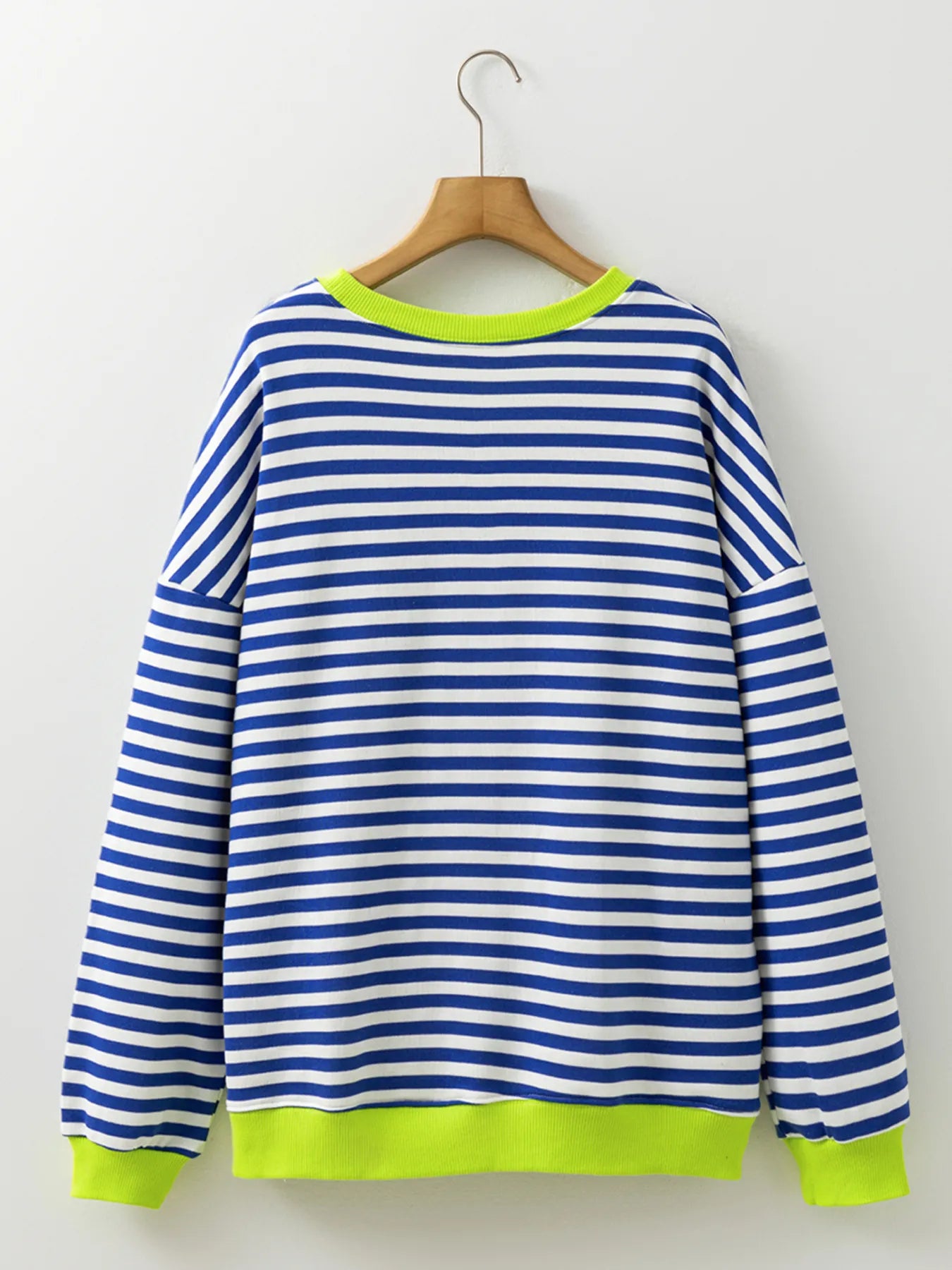Striped Contrast Ribbed Trim Drop Shoulder Sweatshirt