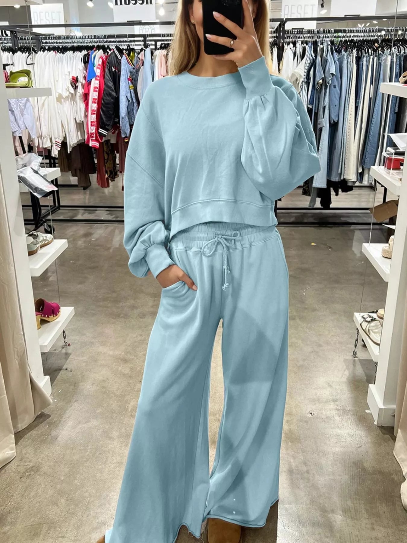 Drop Shoulder Puff Sleeve Crop Top and Drawstring Wide Leg Pants Set Trendsi