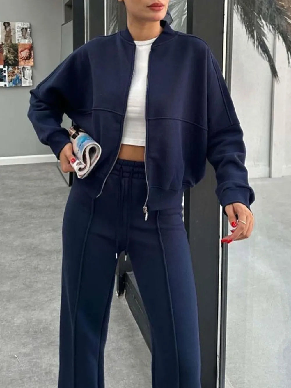 Baseball Collar Zip Up Outerwear and Drawstring Pants Set nicholesgifts
