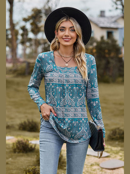 Printed Square Neck Long Sleeve Blouse nicholesgifts