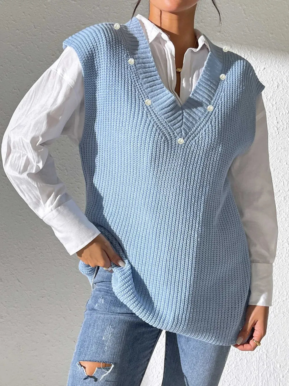 Pearl Trim V-Neck Sweater Vest nicholesgifts